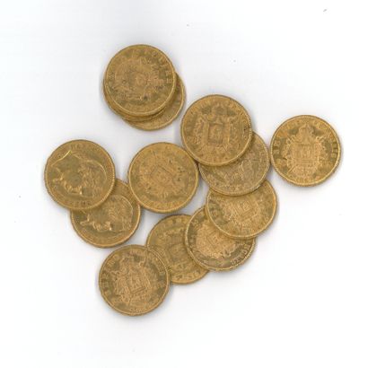 13 gold coins: 20 FF Napoleon III with laurel...
