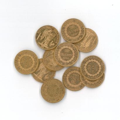 11 gold coins: 20 FF Génie 1890 A