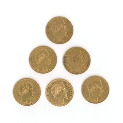 6 gold coins: 20 FF Napoleon III bareheaded,...