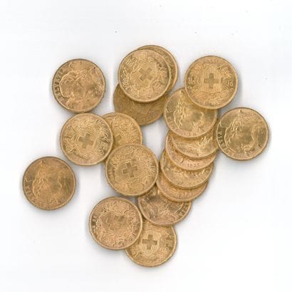 18 gold coins: 20 Swiss francs (1900 × 1,...