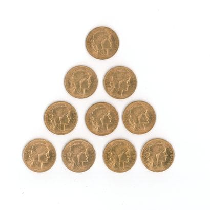10 gold coins: 20 FF Rooster (1910 x 1, 1911...