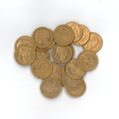 20 gold coins: 20 Belgian francs, Leopold...
