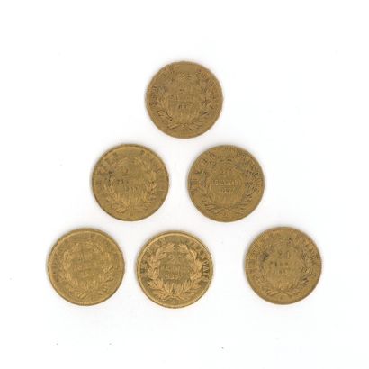 6 gold coins: 20 FF Napoleon III bareheaded,...
