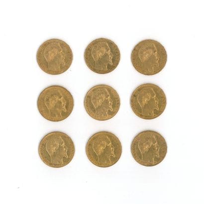 9 gold coins: 20 FF Napoleon III bareheaded,...