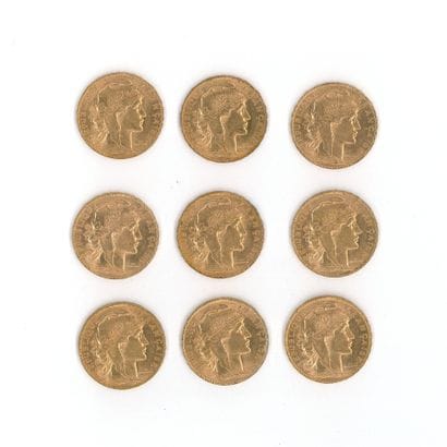 9 gold coins: 20 FF Rooster, 1910