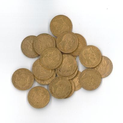 20 gold coins: 20 Belgian francs, Leopold...
