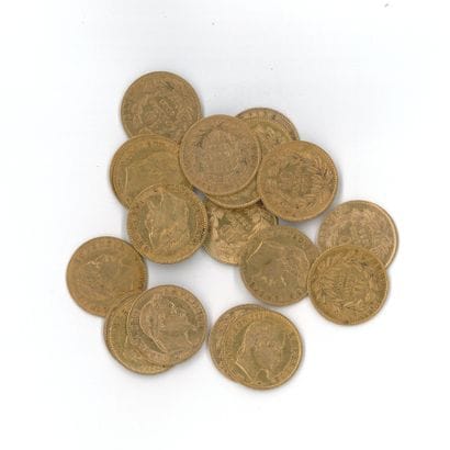 20 gold coins: 10 FF Napoleon III with laurel...