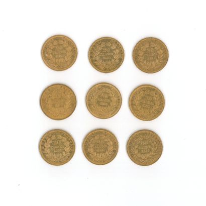 9 gold coins: 20 FF Napoleon III bareheaded,...