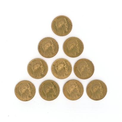 10 gold coins: 20 FF Napoleon III bare-headed,...