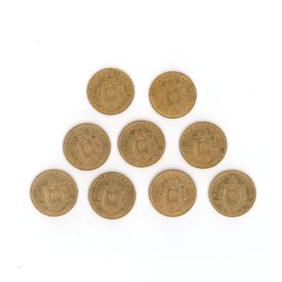 9 gold coins: 20 FF Napoleon III with laurel...