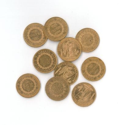 10 gold coins: 20 FF Génie (1893 A × 9, 1895...