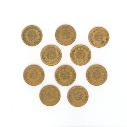 10 gold coins: 20 FF Napoleon III bare-headed,...