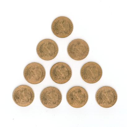 10 gold coins: 20 FF Rooster (1910 x 1, 1911...