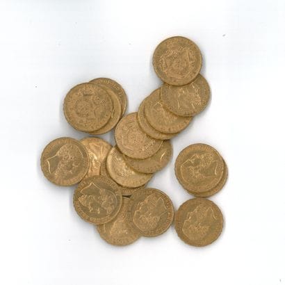 19 gold coins: 20 F Belgium Leopold II (1874...