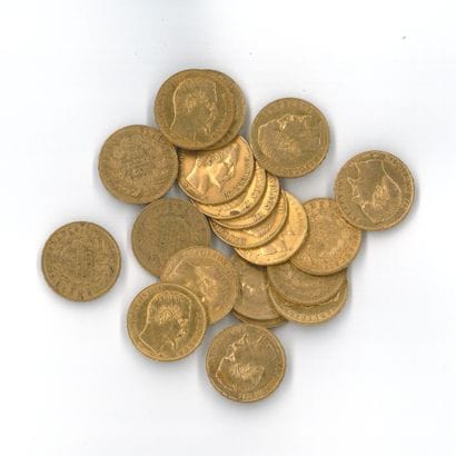 20 gold coins: 20 FF Napoleon III bare-headed,...