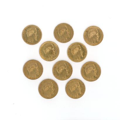 10 gold coins: 20 FF Napoleon III bare-headed,...