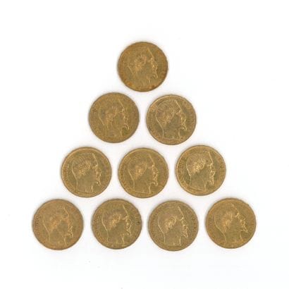 10 gold coins, 20 FF, Napoleon III, bareheaded,...