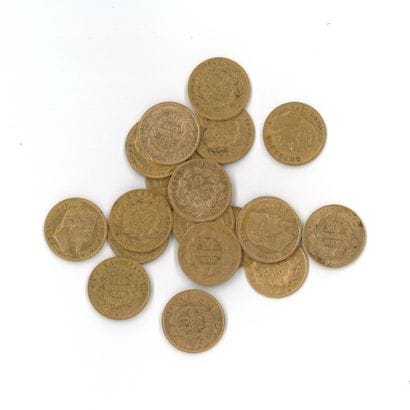 20 gold coins: 10 FF Napoleon III with laurel...