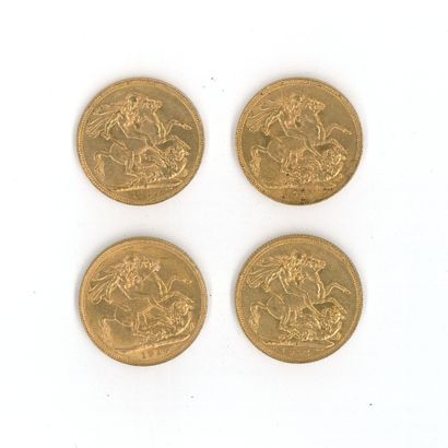 4 monnaies or : Souverains Grande-Bretagne...
