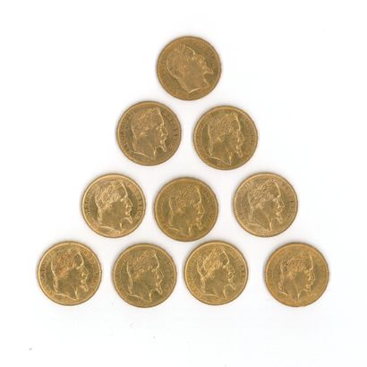 10 gold coins: 20 FF Napoleon III with laurel...