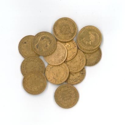 14 gold coins: 20 FF Napoleon III bareheaded,...