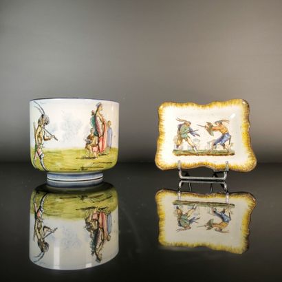 GIEN. Set of two polychrome earthenware pieces,...