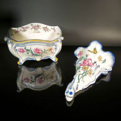 GIEN. Set of two polychrome earthenware flower...