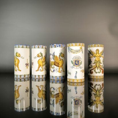 GIEN. Set of 5 cylindrical vases in polychrome...