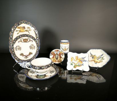 GIEN. A 7-piece set of polychrome earthenware...