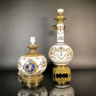 GIEN. Set of two polychrome earthenware lamps...