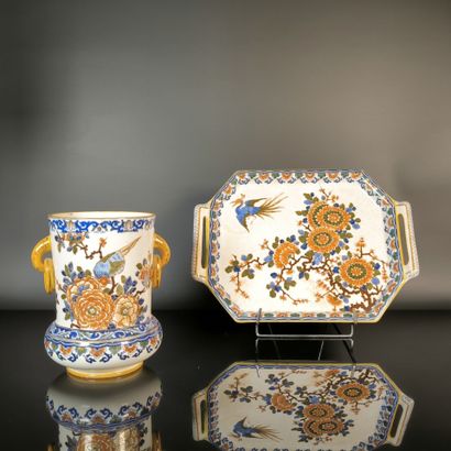 GIEN. Set of two pieces in polychrome earthenware,...