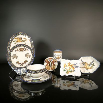 GIEN. A 7-piece set of polychrome earthenware...