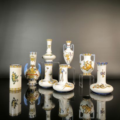 GIEN. Set of 9 polychrome earthenware vases...