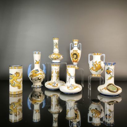 GIEN. Set of 9 polychrome earthenware vases...