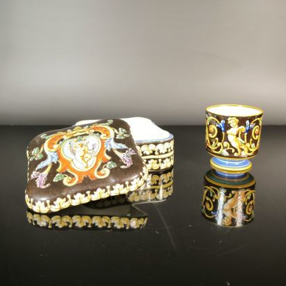 GIEN. Set of two polychrome earthenware pieces...