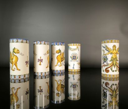 GIEN. Set of 5 cylindrical vases in polychrome...