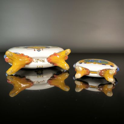 GIEN. Set of two polychrome earthenware flasks...