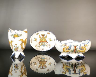 GIEN. Set of three polychrome earthenware...