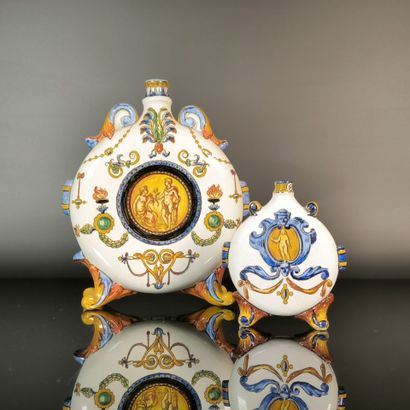 GIEN. Set of two polychrome earthenware flasks...