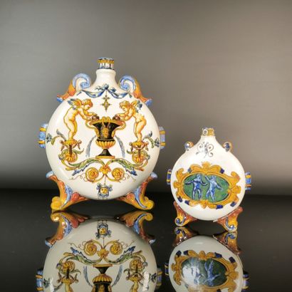 GIEN. Set of two polychrome earthenware flasks...