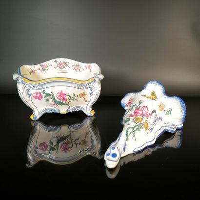 GIEN. Set of two polychrome earthenware flower...