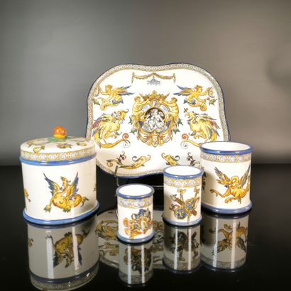 GIEN. Polychrome earthenware smoking set...