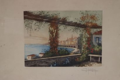 Color lithograph signed Chaludon Menton,...