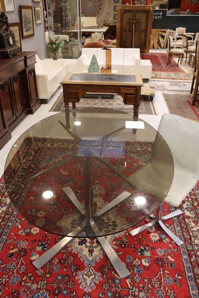 Dining table, oval smoked glass top, chrome-plated...