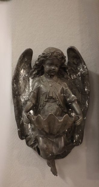 Large patinated bronze holy water font: an...