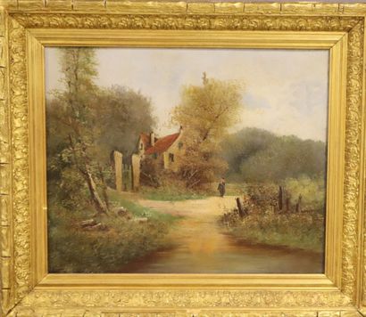 4 works:
- L. HENRY. Woman Near a Farm. Oil...