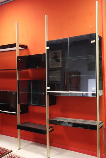 Modular bookcase with black lacquered panels,...