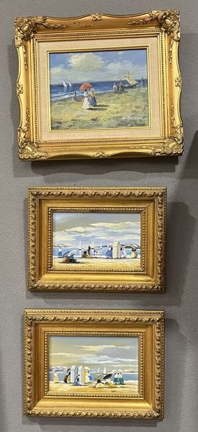 A gouache triptych depicting women walking...