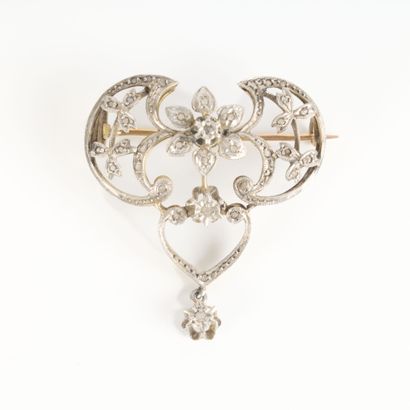 Two-tone gold pendant brooch set with floral...