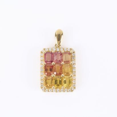 Rectangular gold pendant set with 9 orange...